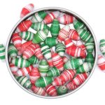 Photo of 50 total bi-cone beads that are a mix of red & white striped and green & white striped beads that are available to purchase.