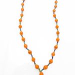 True orange lanyard made of paper beads with a small seed bead loop at the bottom and a metal clip to attach your badge. The lanyard is shown on a plain white background. The top of the lanyard is not visible.