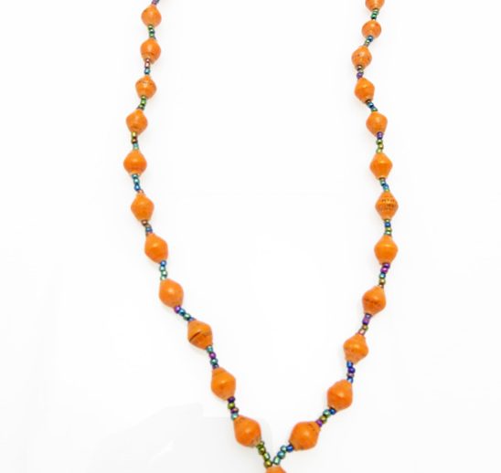 True orange lanyard made of paper beads with a small seed bead loop at the bottom and a metal clip to attach your badge. The lanyard is shown on a plain white background. The top of the lanyard is not visible.