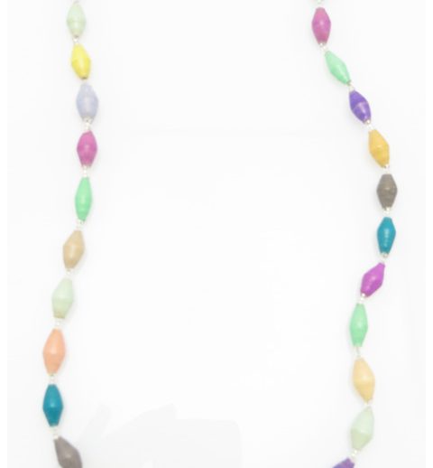 A pastel multi-color paper bead necklace on a plain white background. The top of the necklace is not visible.