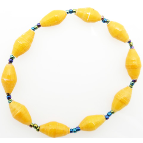 Golden yellow bead bracelet closeup, The stretch bracelet contains 10 paper beads separated by seed beads.