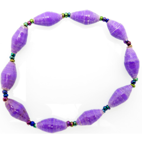 Bright purple bead bracelet closeup, The stretch bracelet contains 10 paper beads separated by seed beads.