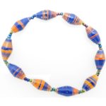 Orange and blue striped bead bracelet closeup, The stretch bracelet contains 10 paper beads separated by seed beads.