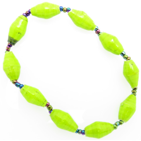 Lime green bead bracelet closeup, The stretch bracelet contains 10 paper beads separated by seed beads.