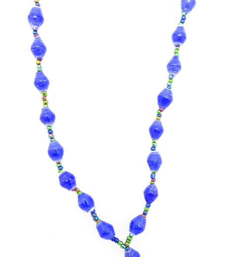 Royal blue lanyard made of paper beads with a small seed bead loop at the bottom and a metal clip to attach your badge. The lanyard is shown on a plain white background. The top of the lanyard is not visible.