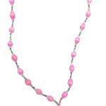 Pink lanyard made of paper beads with a small seed bead loop at the bottom and a metal clip to attach your badge. The lanyard is shown on a plain white background. The top of the lanyard is not visible.