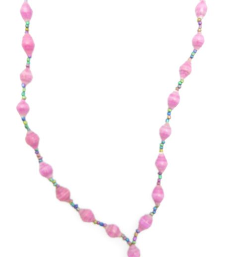 Pink lanyard made of paper beads with a small seed bead loop at the bottom and a metal clip to attach your badge. The lanyard is shown on a plain white background. The top of the lanyard is not visible.