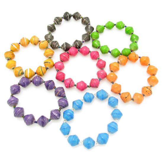 Grouping of 7 round bead stretch bracelets in black, lime green, orange, sky blue, purple, reddish pink, and golden yellow.