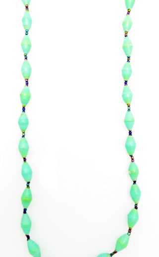 Mint green paper bead necklace on a plain white background. The top of the necklace is not visible.