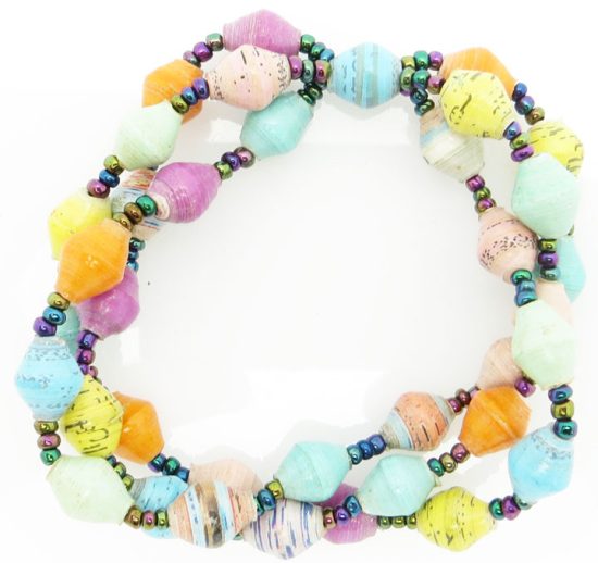 Three strand stretch bracelet for women with pastel multi-color beads.