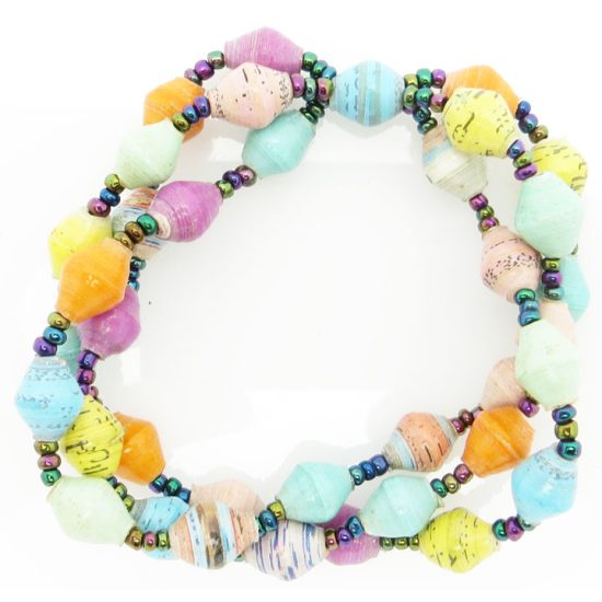 Three strand stretch bracelet for women with pastel multi-color beads.