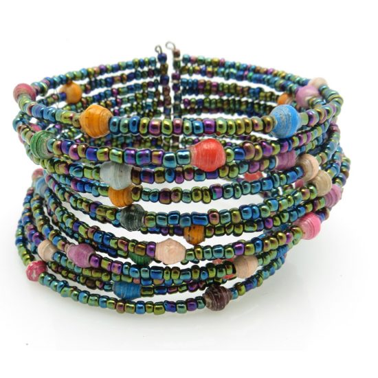 Photo of multi-color beaded cuff bracelet that is available for purchase.