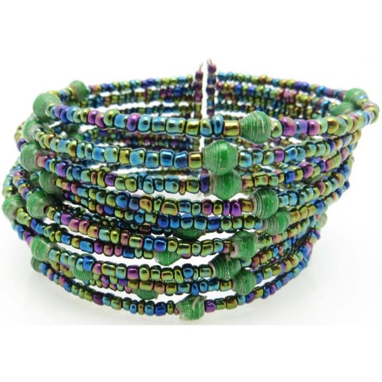 Photo of green beaded cuff bracelet that is available for purchase.