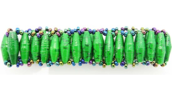 Green single row narrow bead bracelet handmade by Ugandan artisans.