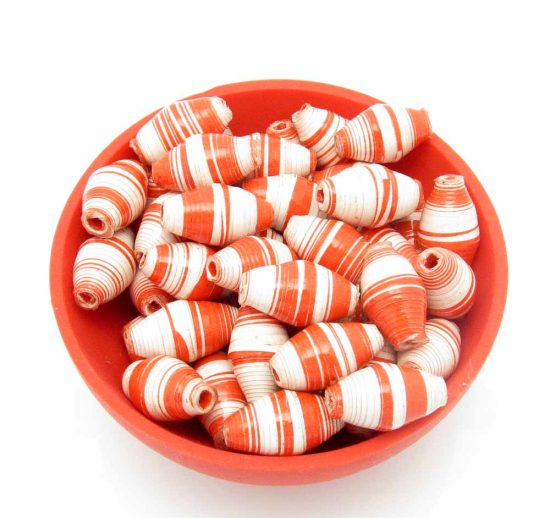 Photo of 50 red & white striped bi-cone beads that are available to purchase.