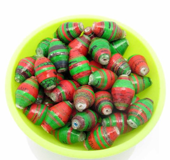 Photo of 50 red & green striped bi-cone beads that are available to purchase.