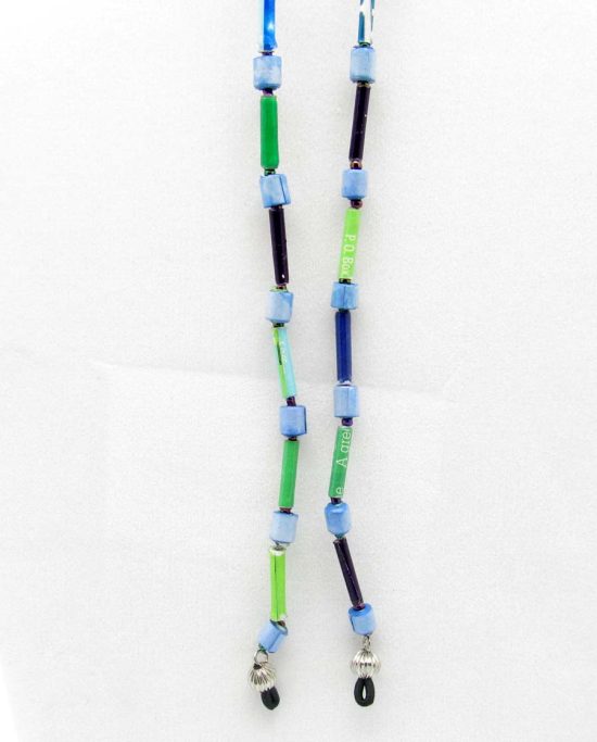 Green, black & blue patterned beaded eyeglass leashhandcrafted from paper beads.