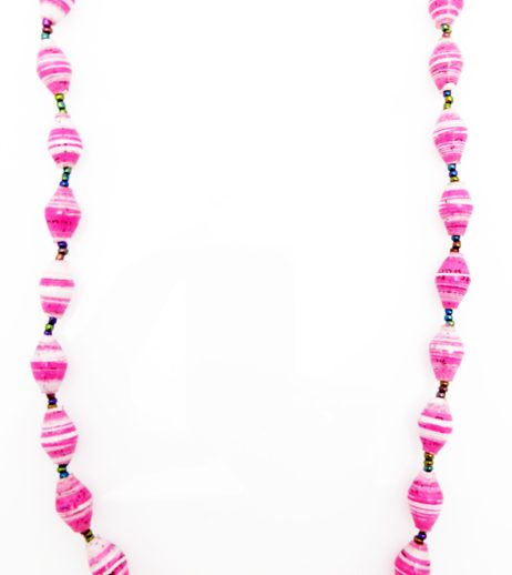 Bright pink and white striped paper bead necklace on a plain white background. The top of the necklace is not visible.