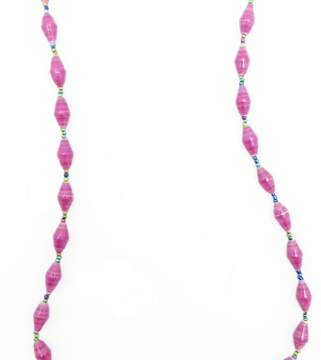 Purplish pink paper bead necklace on a plain white background. The top of the necklace is not visible.