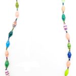 A multicolor paper bead necklace on a plain white background. The top of the necklace is not visible.