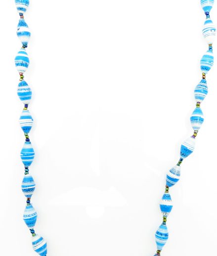 Blue and white striped paper bead necklace on a plain white background. The top of the necklace is not visible.