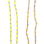 Two beaded eyeglass leashes handcrafted from paper beads. The left one is yellow and the right one is blue & orange striped.