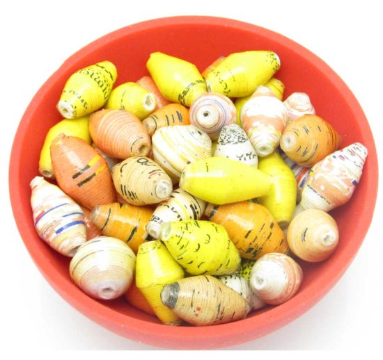 Photo of 50 of daffodil color mix of bi-cone beads that are available to purchase. The mix contains yellow, oranges, ivories and whites both solids and patterns.