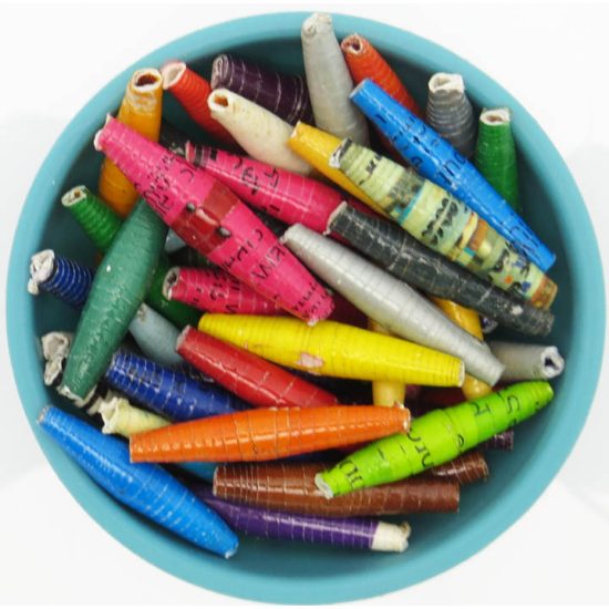 Photo of 50 multicolor long narrow hand rolled paper beads that are available to purchase.