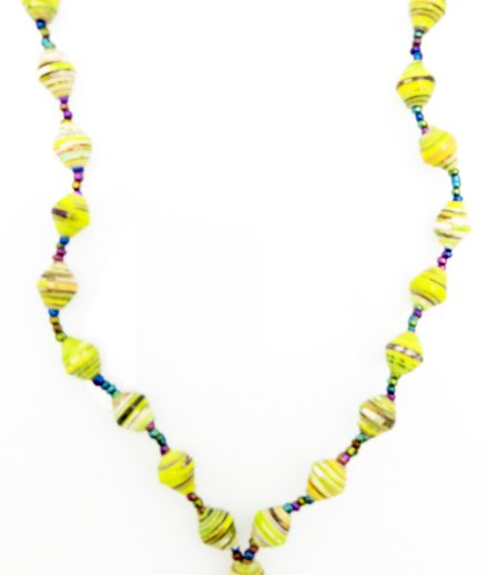 Yellow with black flecks lanyard made of paper beads with a small seed bead loop at the bottom and a metal clip to attach your badge. The lanyard is shown on a plain white background. The top of the lanyard is not visible.