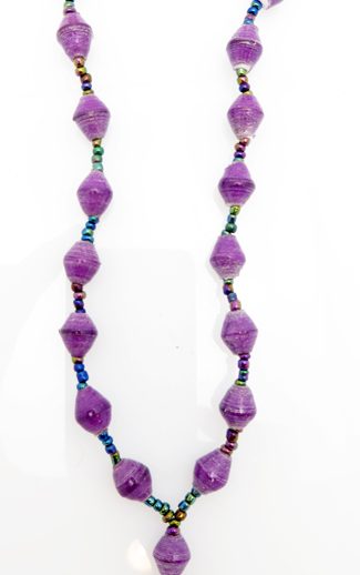 Purple lanyard made of paper beads with a small seed bead loop at the bottom and a metal clip to attach your badge. The lanyard is shown on a plain white background. The top of the lanyard is not visible.