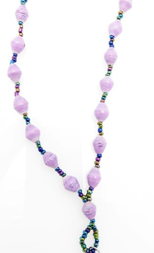 Lavender lanyard made of paper beads with a small seed bead loop at the bottom and a metal clip to attach your badge. The lanyard is shown on a plain white background. The top of the lanyard is not visible.