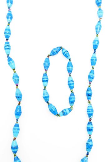 Women's matching beaded necklace and bracelet set in two tone turquoise & blue colors. Handcrafted with paper beads by Ugandan women artisans.