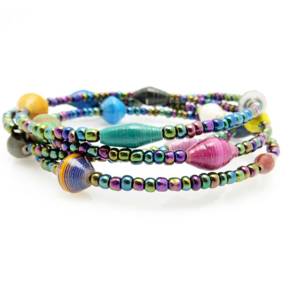 Photo of multi-color flex wire wrap bracelet that fits around your wrist with about 3 loops. The bracelet contains different colors and sizes of smaller paper beads interspersed with larger sized seed beads. This bracelet is available for purchase.