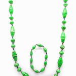 Women's matching beaded necklace and bracelet set in spring green small & large oval bead pattern. Handcrafted with paper beads by Ugandan women artisans.