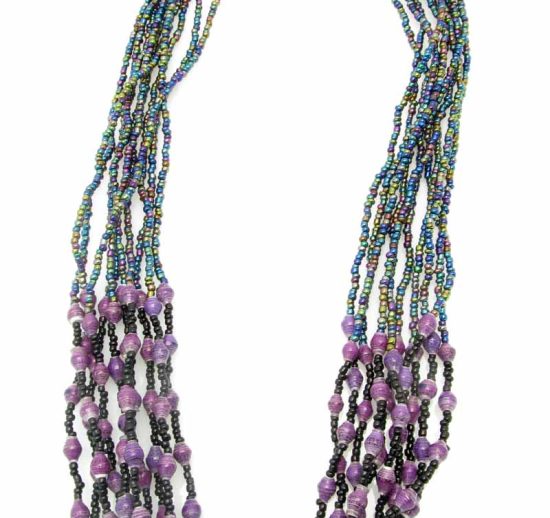 Photo of paper and seed bead necklace in purple that is available for purchase. The bottom half contains many small purple paper beads. The top 60% of the necklace contains multi-strands of shiny blue/green/purple seed beads.