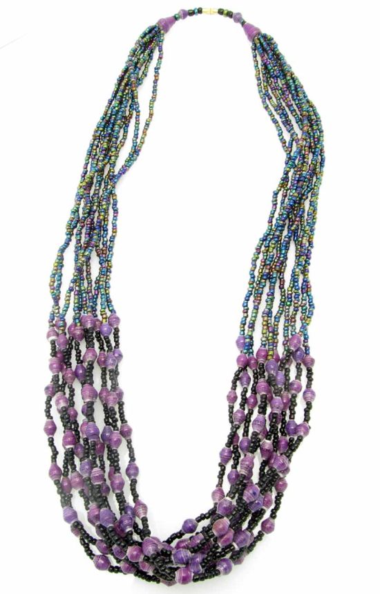 Photo of paper and seed bead necklace in purple that is available for purchase. The bottom half contains many small purple paper beads. The top 60% of the necklace contains multi-strands of shiny blue/green/purple seed beads.