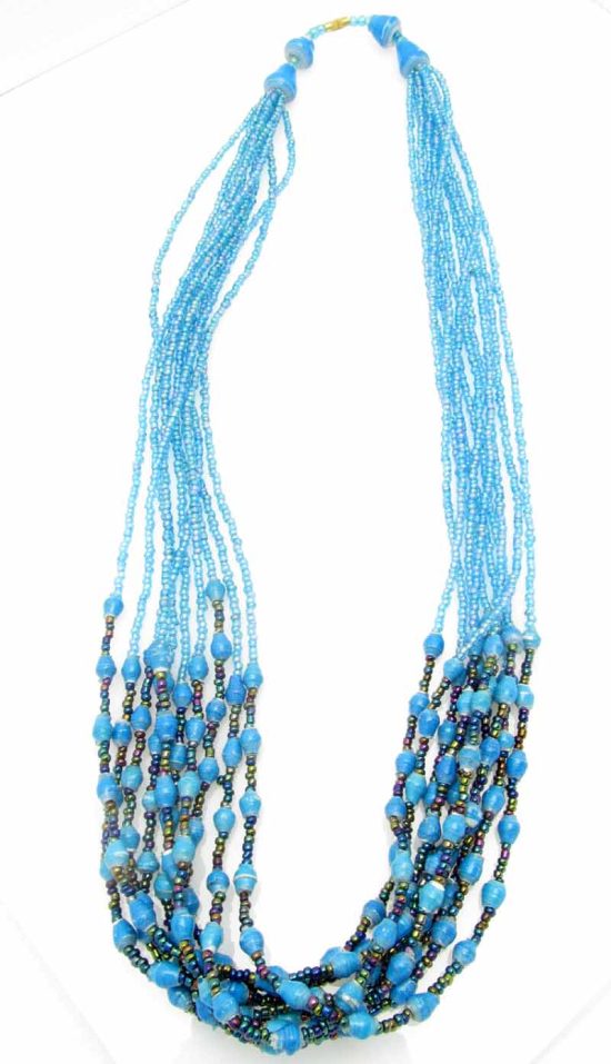 Photo of paper and seed bead necklace in turquoise blue that is available for purchase. The bottom half contains many small turquoise paper beads. The top 60% of the necklace contains multi-strands of translucent turquoise seed beads.