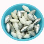 Photo of 50 shiny silver & white striped bi-cone beads that are available to purchase.