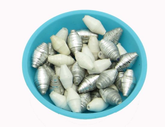 Photo of 50 shiny silver & white striped bi-cone beads that are available to purchase.