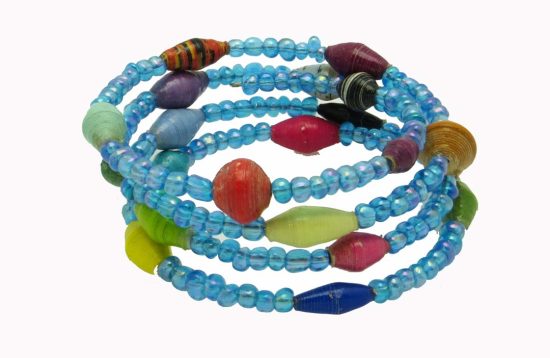 Photo of multi-color flex wire bracelet that fits around your wrist with about 3 to 4 loops. The bracelet contains different colors and sizes of smaller paper beads interspersed with larger sized translucent sky blue seed beads. This bracelet is available for purchase.