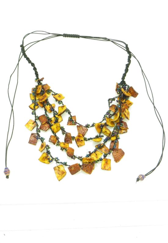 Orange peel necklace with a black threaded drawstring closure to make the necklace length adjustable.