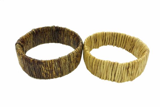 Photo of 2 banana fiber bangle bracelets available to purchase. One is brown and one is straw colored.