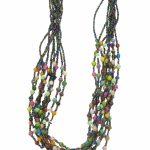 Photo of paper and seed bead necklace in many bead colors that is available for purchase. The bottom half contains many small turquoise paper beads. The top 60% of the necklace contains multi-strands of metallic blue/green/purple seed beads.