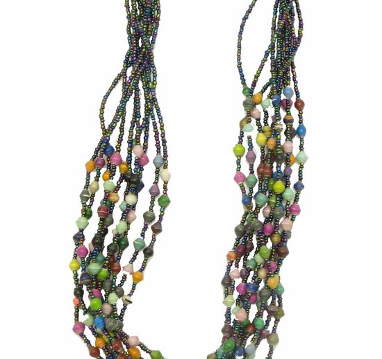 Photo of paper and seed bead necklace in many bead colors that is available for purchase. The bottom half contains many small turquoise paper beads. The top 60% of the necklace contains multi-strands of metallic blue/green/purple seed beads.