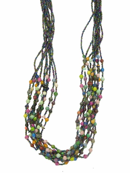 Photo of paper and seed bead necklace in many bead colors that is available for purchase. The bottom half contains many small turquoise paper beads. The top 60% of the necklace contains multi-strands of metallic blue/green/purple seed beads.