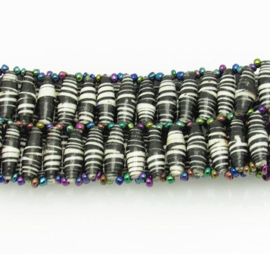 Two row beaded stretch bracelet for women with black & white striped beads.