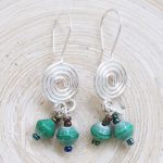 Photo of a pair of green bead earrings that are available to buy. Each earring has a nickel free silver swirl as part of the hook part with two green small round paper beads hanging from the swirl.