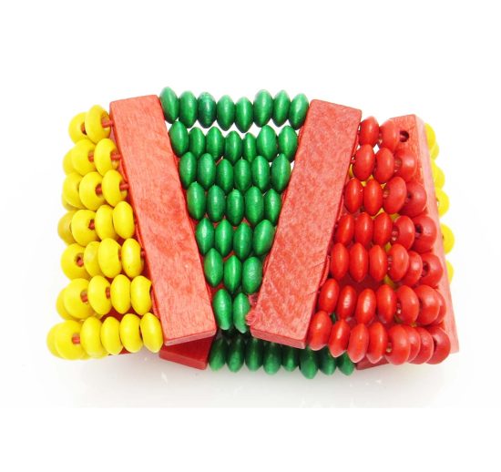 Wood bead bracelet in triangle pattern of yellow, green and red