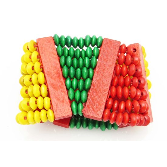 Wood bead bracelet in triangle pattern of yellow, green and red