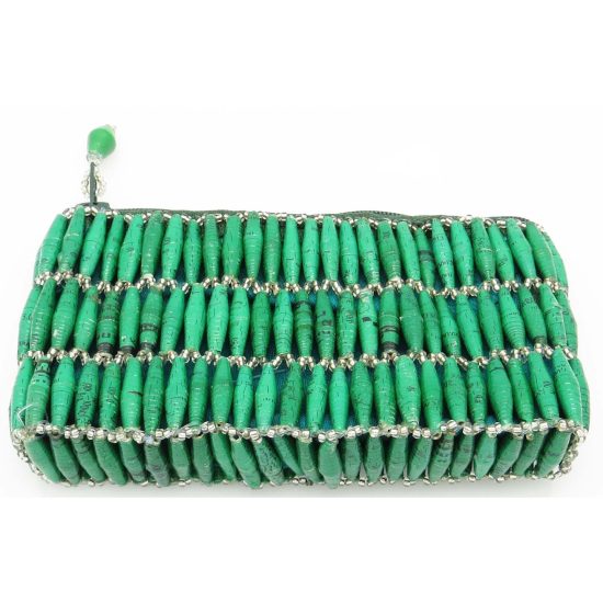 Small clutch style zippered change purse with green beads.